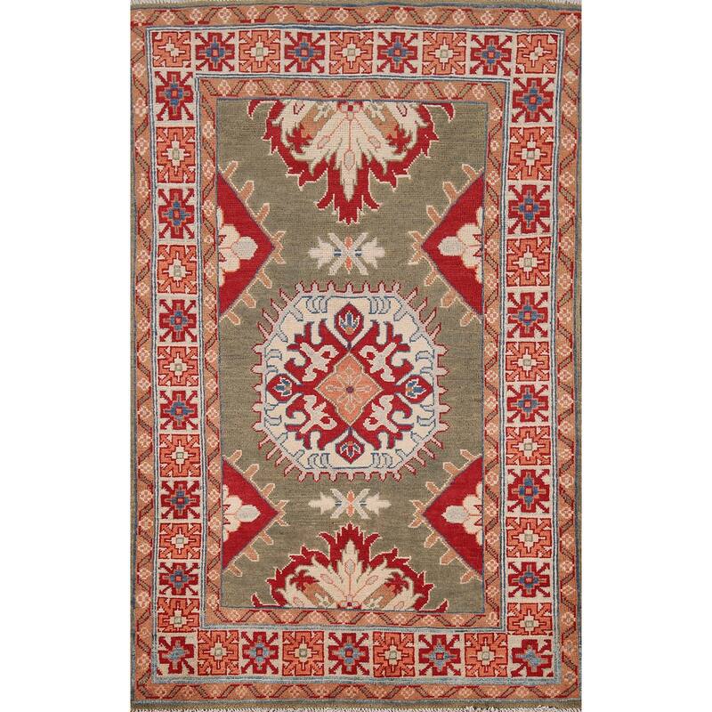 Geometric Kazak Oriental Foyer Rug Handmade Wool Carpet - 3'2" x 4'9"