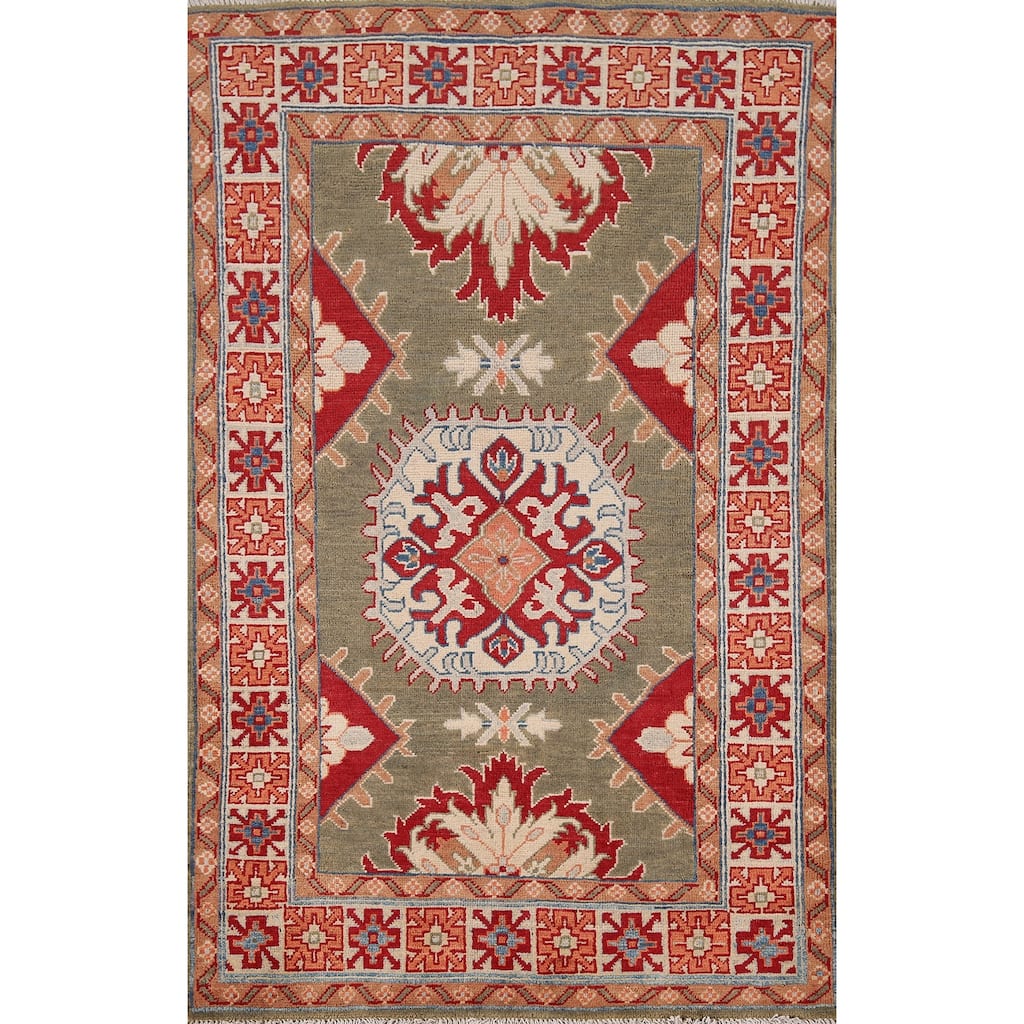 Geometric Kazak Oriental Foyer Rug Handmade Wool Carpet - 3'2" x 4'9"