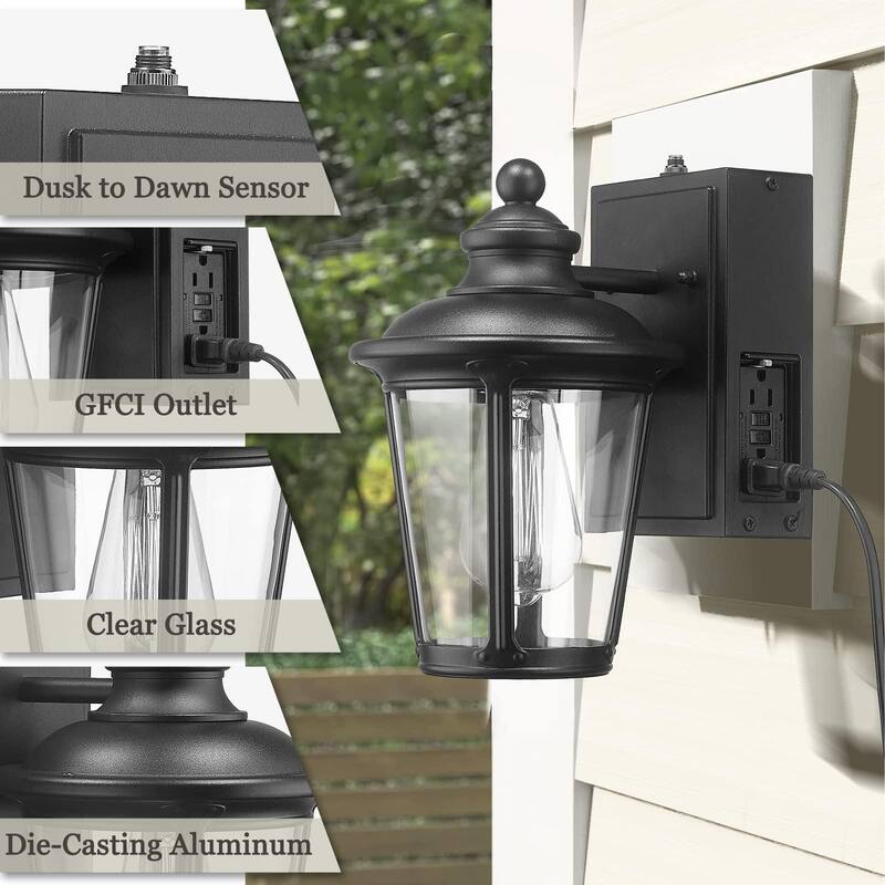 Dusk to Dawn Outdoor Wall Lighting with Built-in GFCI Outlet with Clear Glass, Die-Cast Aluminum in Black Finish