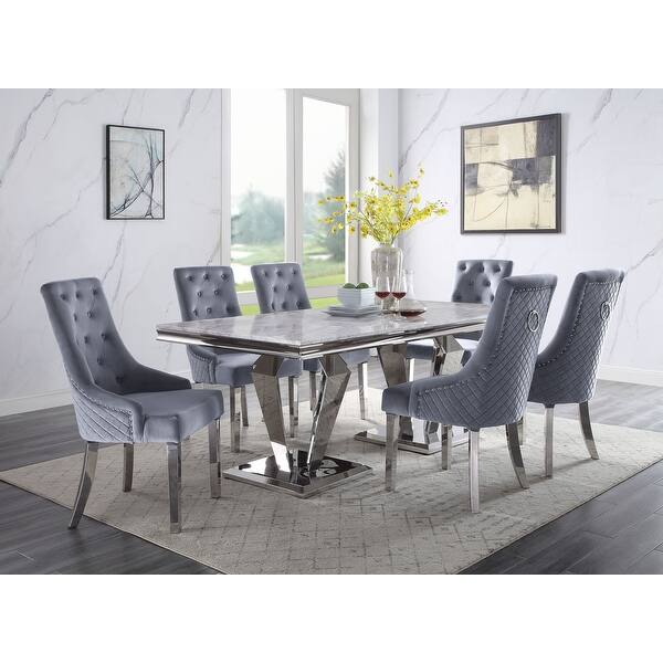 Shop For Acme Satinka Dining Table In Light Gray Printed Faux Marble And Mirrored Silver Finish Get Free Shipping On Everything At Overstock Your Online Furniture Outlet Store Get 5 In Rewards With Club O 32148977