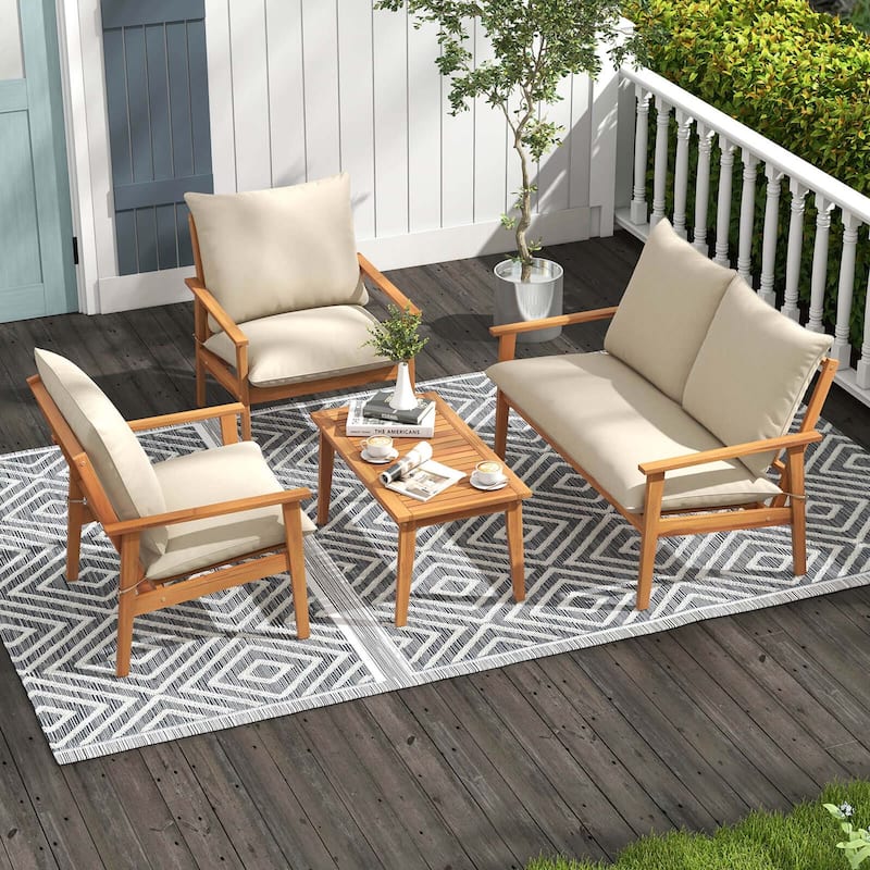 4 PCS Patio Furniture Set Outdoor Acacia Wood Conversation Set