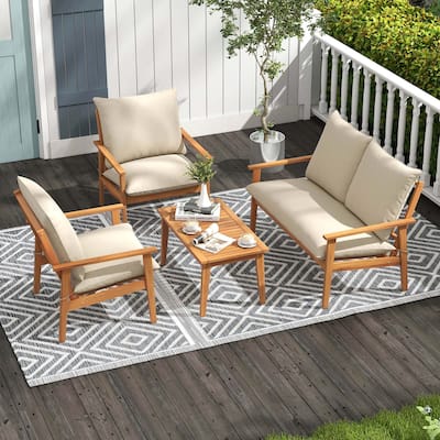 4 PCS Patio Furniture Set Outdoor Acacia Wood Conversation Set