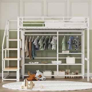 Full Size Loft Bed with Wardrobe and Shelves, White