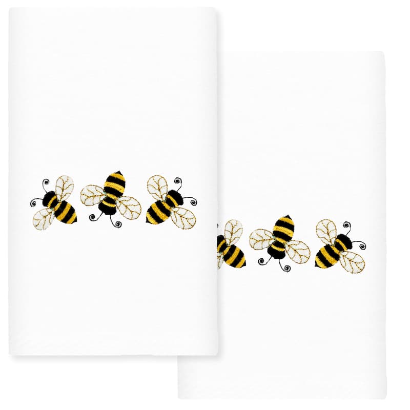 Authentic Hotel and Spa Bee Dance - Embroidered Luxury 100% Turkish Cotton Hand Towel (Set of 2) - White