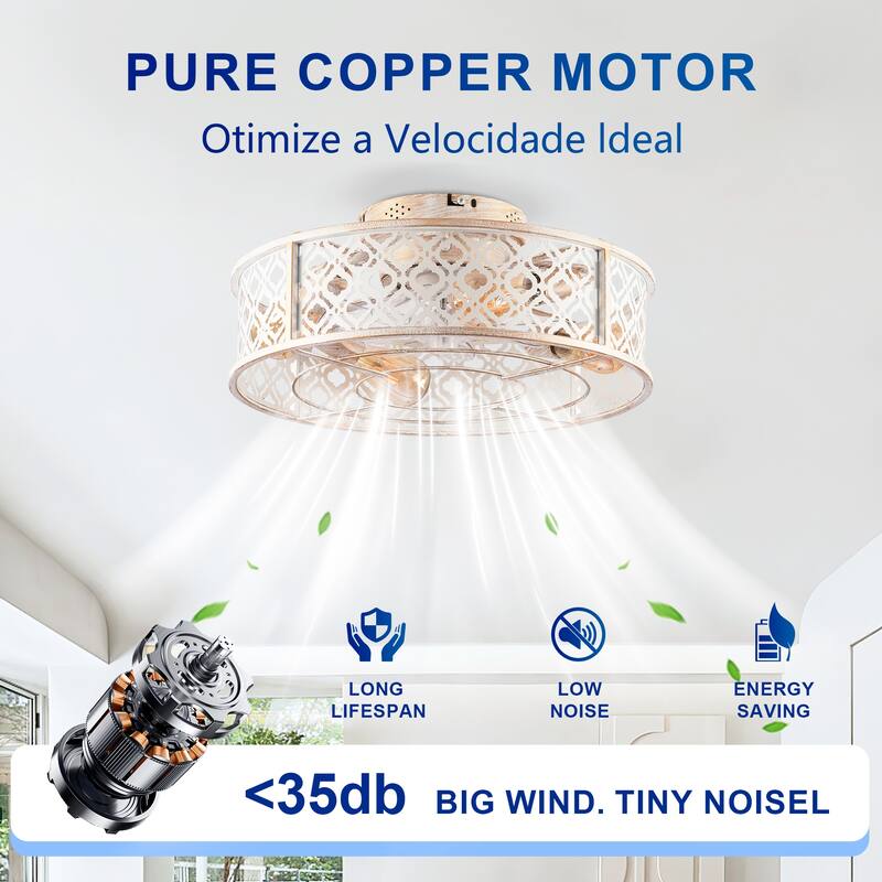 20 inch Flush Mount Ceiling Fan Light with Remote Caged Farmhouse Fandelier Black Wood Low Profile