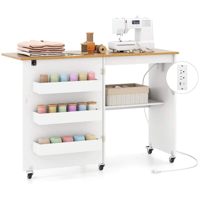 Costway Folding Sewing Table Rolling Craft Station with 3 Storage Bins - See Details