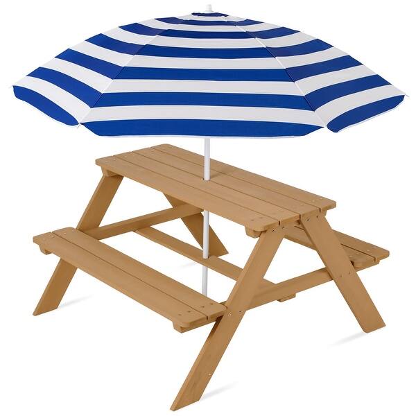 slide 2 of 10, Kids Wooden Outdoor Picnic Table w/ Adjustable Umbrella, Built-In Seat Natural/Navy