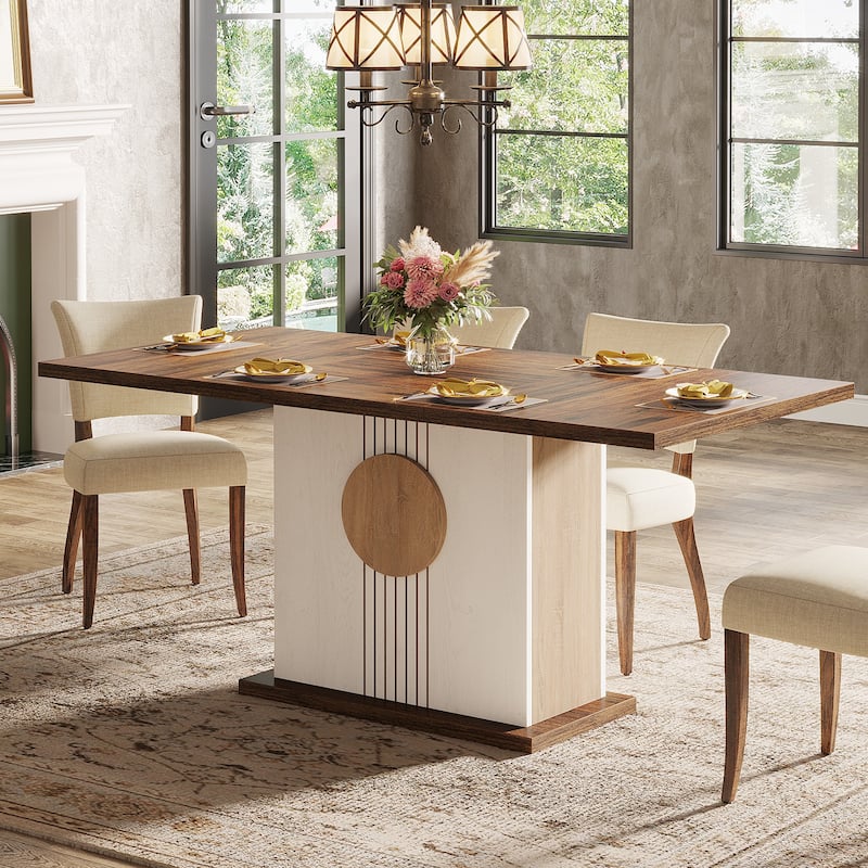 Farmhouse Wood Dining Table - Oak Brown+White+Light Brown