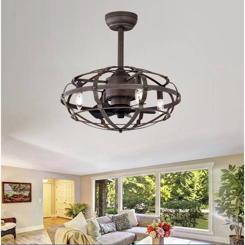 21" Rust Red Industrial Bladeless Cage Ceiling Fan with Remote and Light Kit - Black - Remote