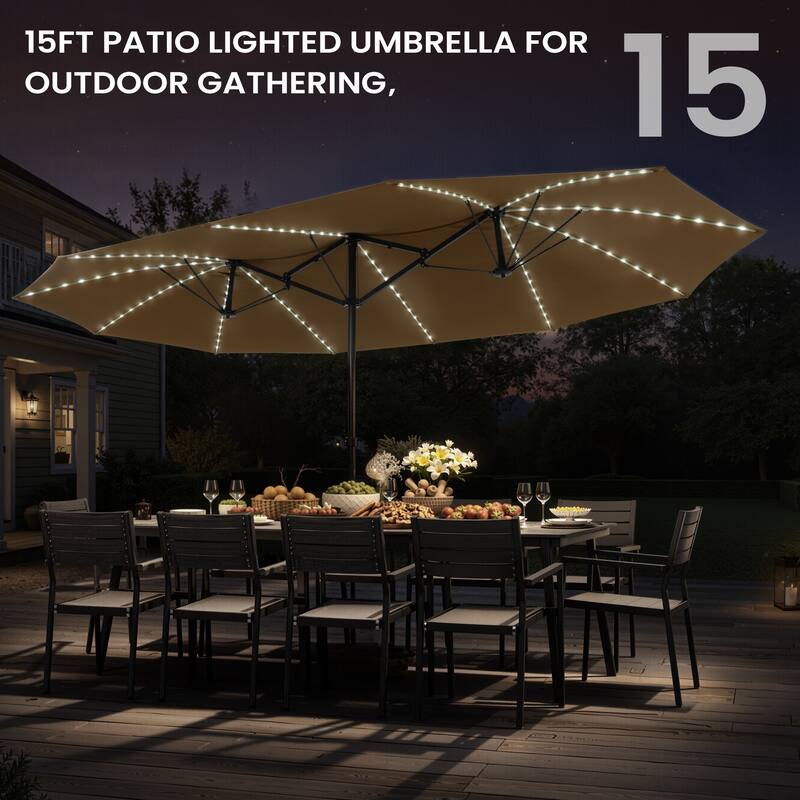 15ft Outdoor Patio Market Umbrella with Base and 144 Solar-Powered Led Lights