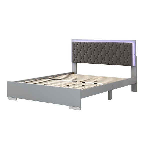 Grey Queen Size Upholstered Platform Bed with LED Light and
