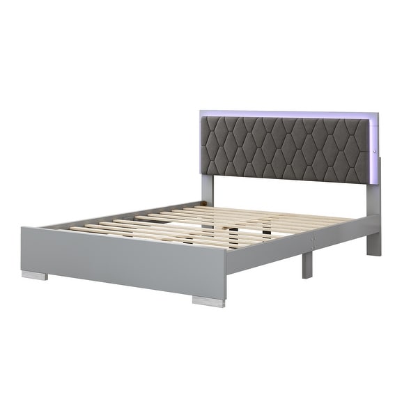 Queen Size Bed with LED Lights & Velvet Headboard - Bed Bath