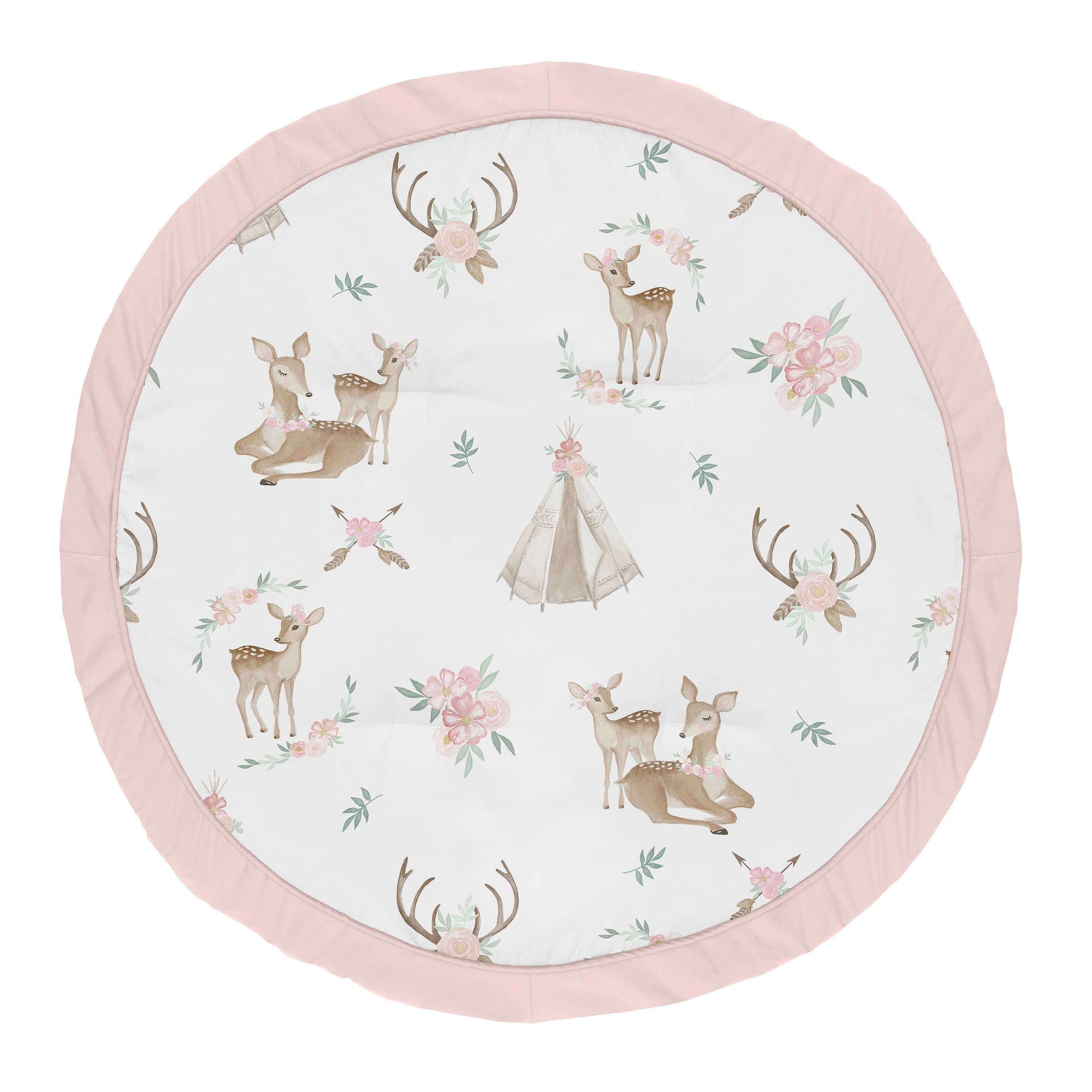 Sweet Jojo Designs Blush Pink, Mint Green and White Boho Watercolor Woodland Deer Floral Collection Baby Tummy Time Playmat
