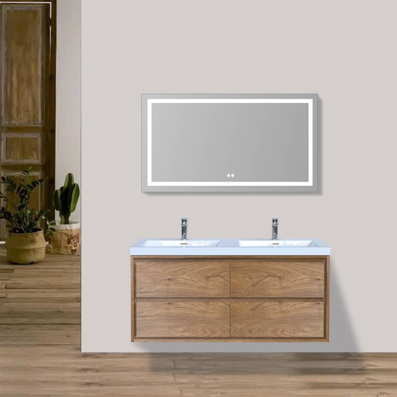 Sage 48" wall mounted bathroom vanity with double basin acrylic top - 48 - teak oak