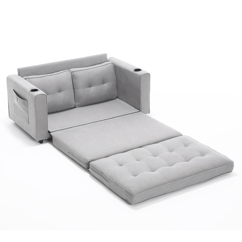 Upholstered Futon Sofa Convertible Sofa Bed Tufted Loveseat wFolding Mattress, Cup Holder & Pockets 2-seat Armchair
