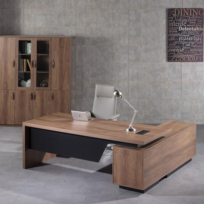 WESOME Retractable L-Shaped Executive Desk with Cable Management Drawers and Lateral File Cabinet