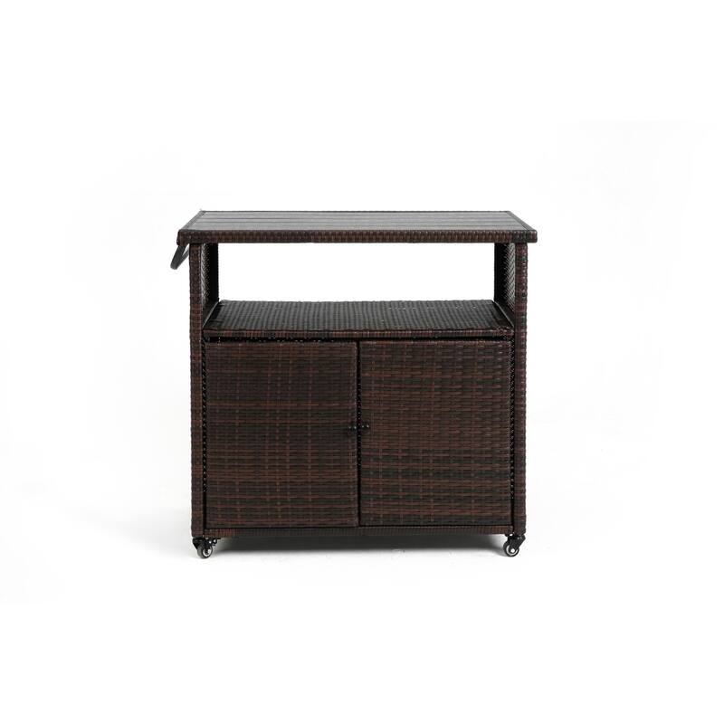 HOMEFUN Outdoor Wicker Bar Cart with Storage on Wheels