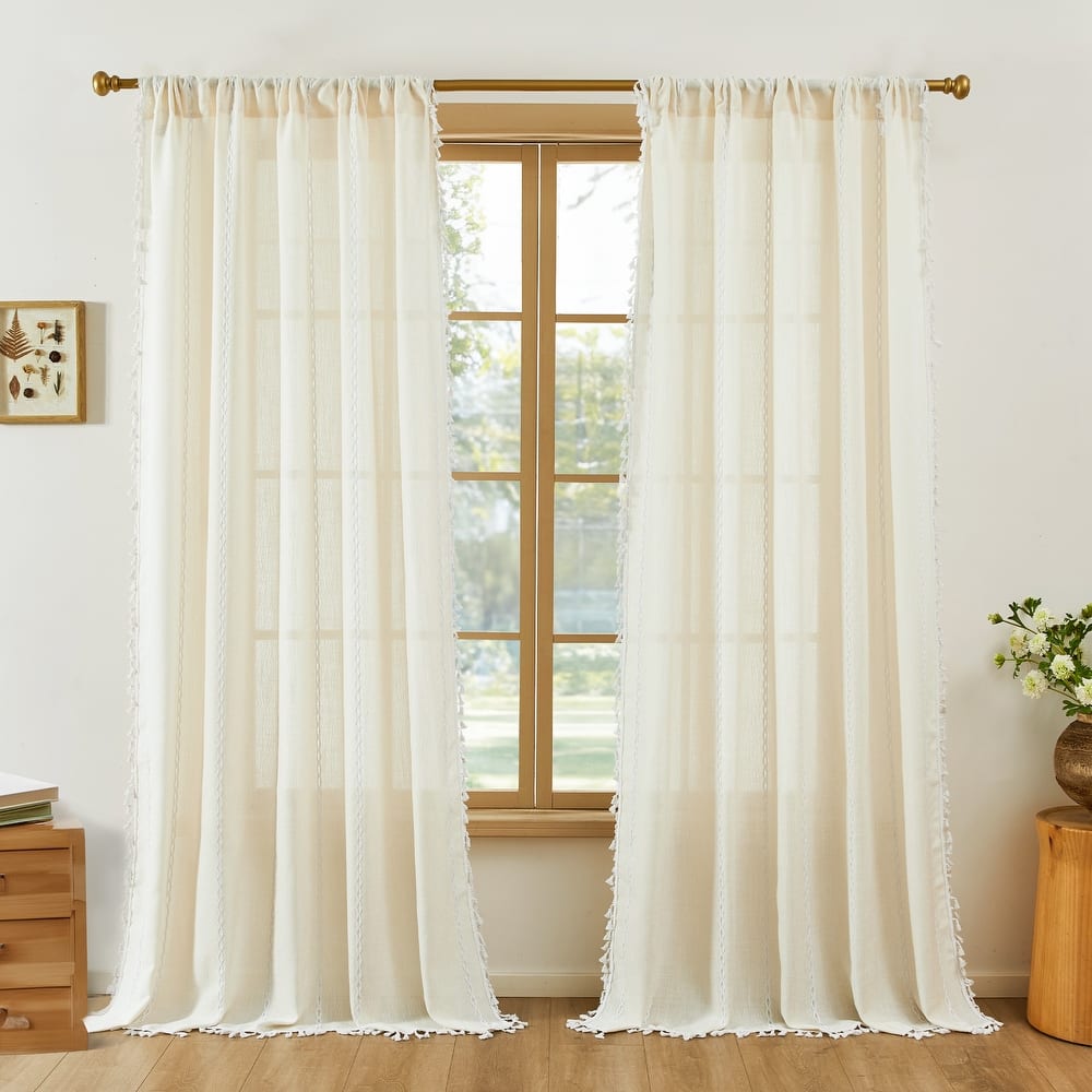 Deconovo Boho Sheer Curtain with Tassels & Embroidery 1 Panel