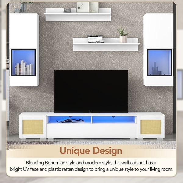 Rattan Wall Mount Media TV Stand with Color Changing LED Lights Bed