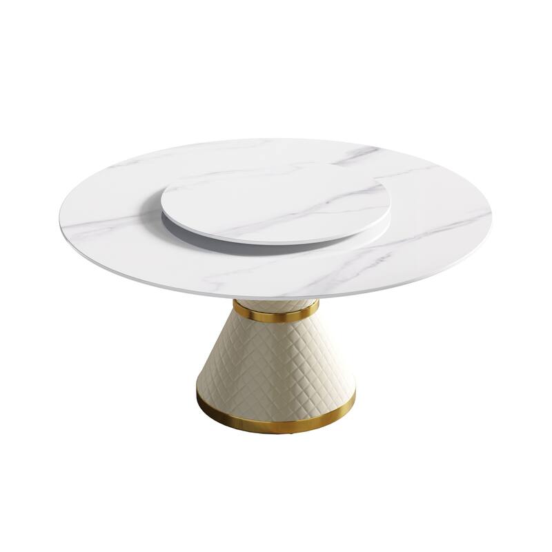 59'' Round Marble Dining Table with Solid Wood Pedestal
