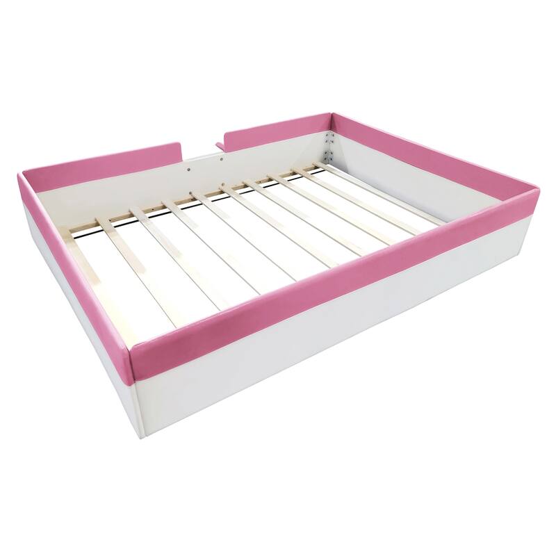 Roomfitters Twin/Full/Queen/King Size Upholstered Daybed Frame with Safety Fence and Stairs, PU Fabric Platform Bed with Slats