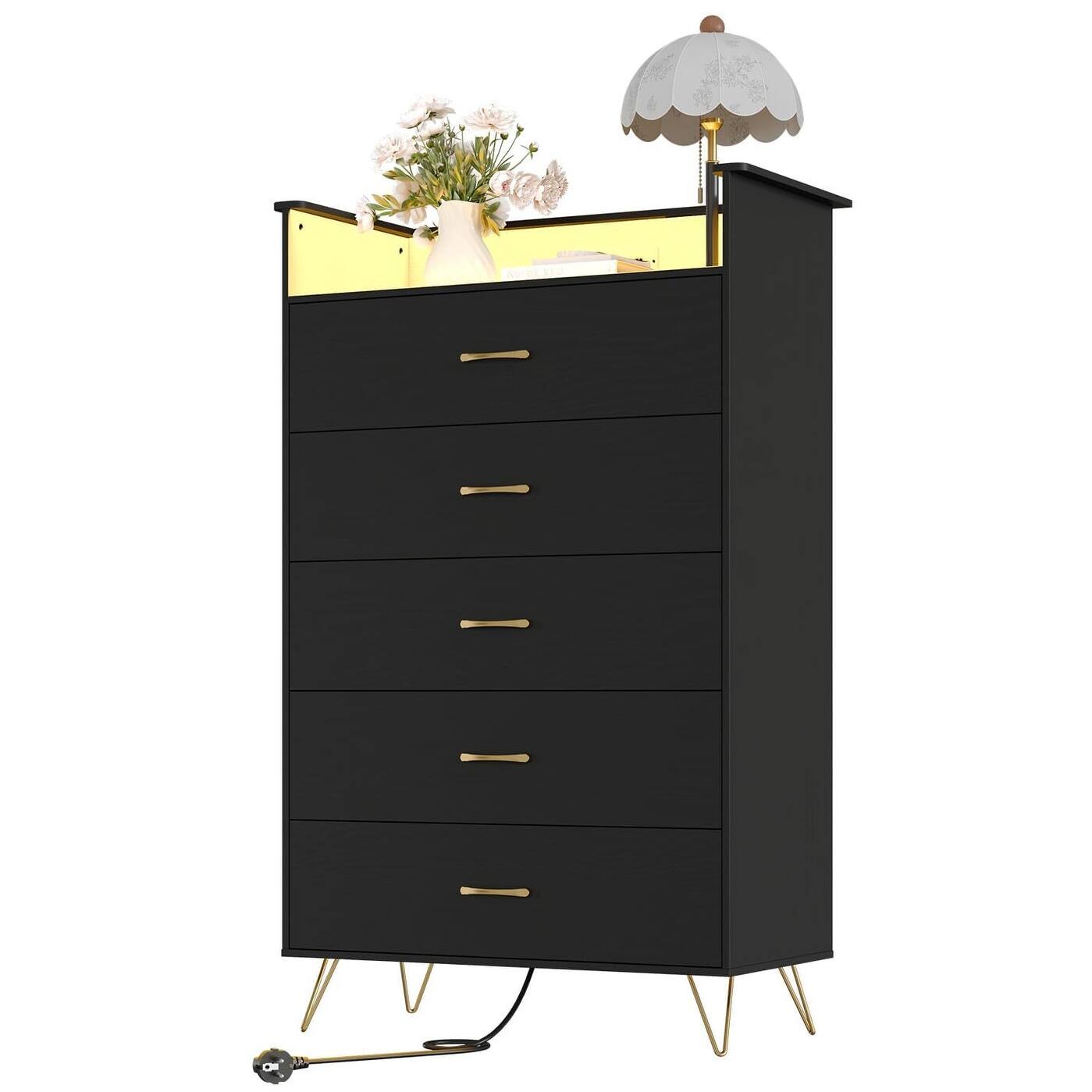 5 Drawer Wooden Dressers for Bedroom with LED Lights & Charging Station, Modern Nightstand for Bedside, Wood Chest of Drawers