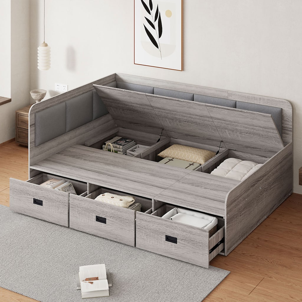 Wooden Daybed Sofa Bed Frame L-Shaped Storage Daybed with 3 Storage Drawers and 3 Built-in Storage Compartments