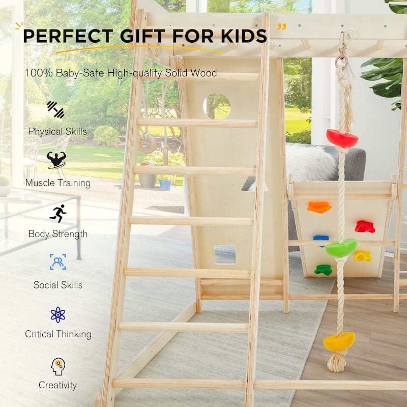 EROMMY 8-in-1 Wooden Climbing Gym for Kids - Indoor Playground Set with Slide, Monkey Bars, Climbing Wall, Wood & Rope Ladder