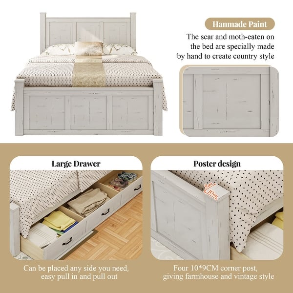 slide 2 of 10, Farmhouse Style Queen Size Wood Panel Bed Frame Four Square Poster Bed with Three Storage Drawers, Ancient White Ancient White