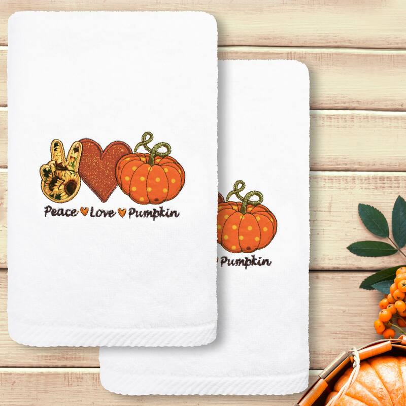 Authentic Hotel and Spa Peace*Love*Pumpkin - Embroidered Luxury 100% Turkish Cotton Hand Towels (Set of 2)