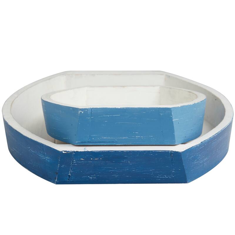 Blue Wood Handmade Distressed Two Toned Boat Living Room Decor Tray (Set of 2) - 17", 13"W