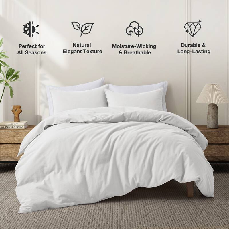 Flax Linen Cotton Blend Duvet Cover Set, Durable, Breathable and Moisture-Wicking, 3 Piece Bedding Set - Full - Queen - White
