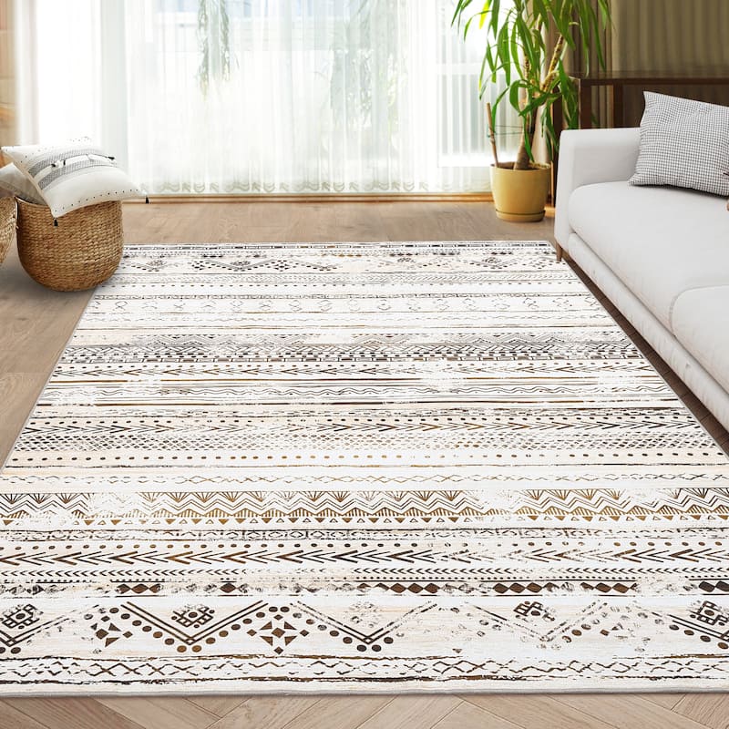 Garvee Geometric Stripes Soft Boho Washable Floor Area Rug - 6' x 9' - Brown