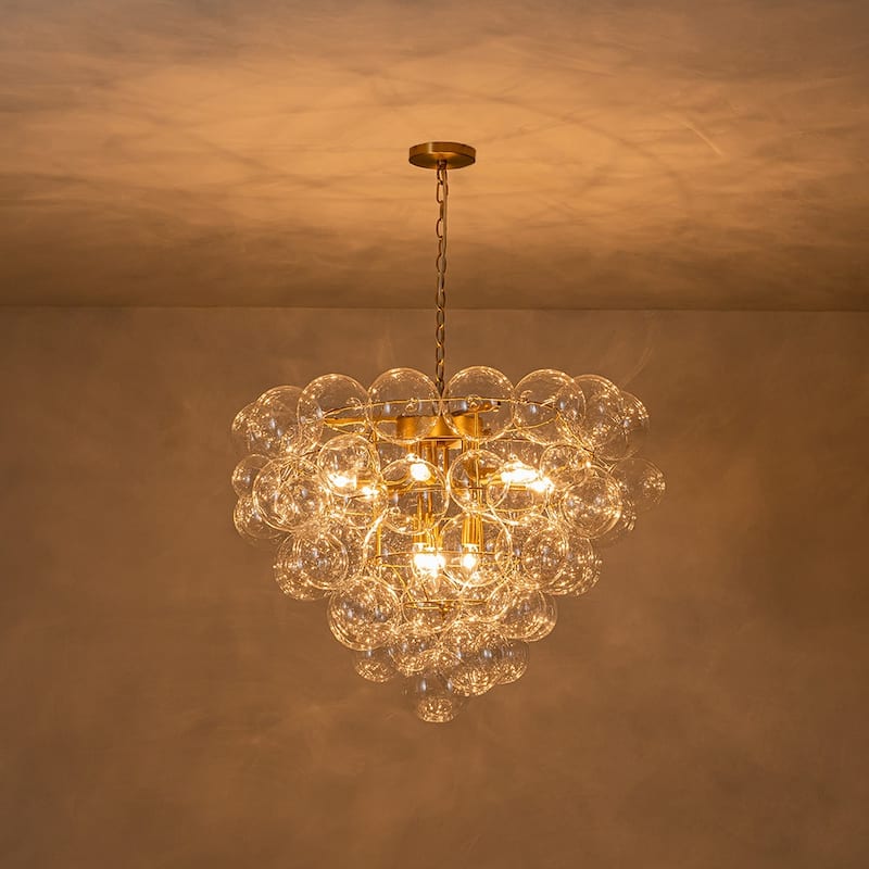 Brass Dreamy 9-Light Cluster Clear Glass Globe Bubble Chandelier
