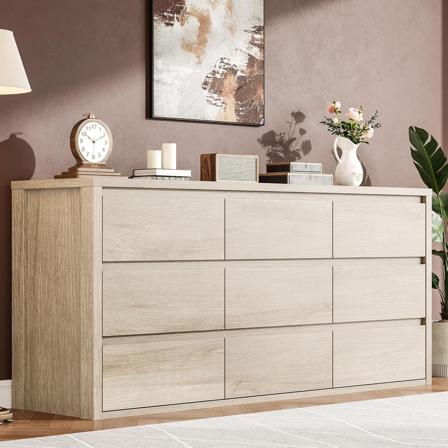 Rustic Farmhouse 9 Dresser for Bedroom, Wooden Drawer Dresser, Handle-Free Storage Cabinet with Drawers