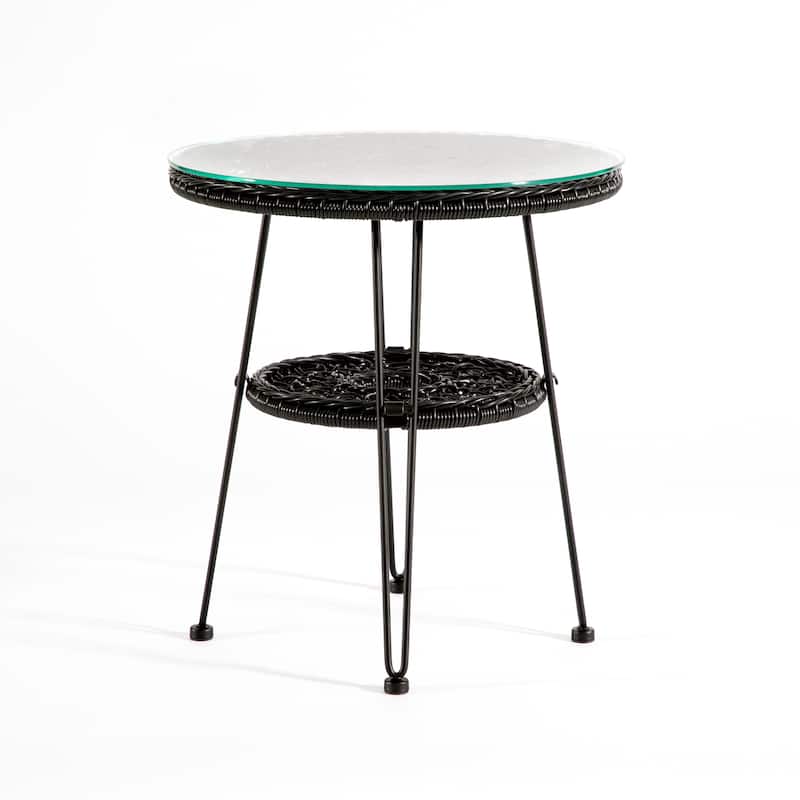 Dana Boho 19-inch Outdoor Patio Wicker Round Coffee Table with Tempered Glass Top and Metal Legs by M&L Co.