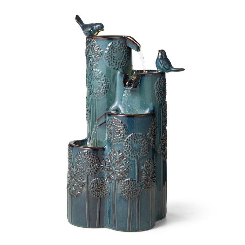 Glitzhome 27" H 4-Tier LED Ceramic Outdoor Floor Fountain with Birds, Cobalt Blue Turquoise Dandelion Texture Vase-Shaped