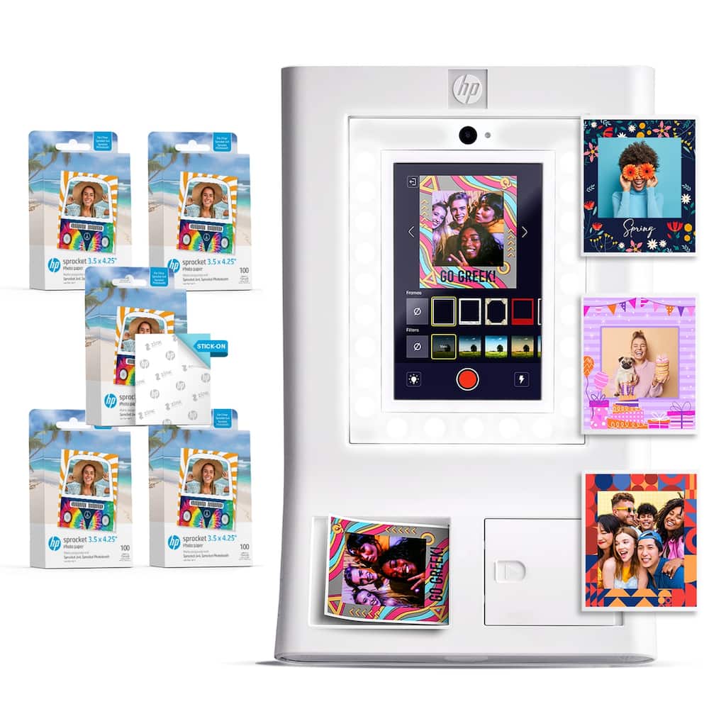 HP Sprocket Photobooth 3x4" Photo Printer (White) Bundle w/3.5 x 4.25” Zink Photo Paper (500 Sheets) - White
