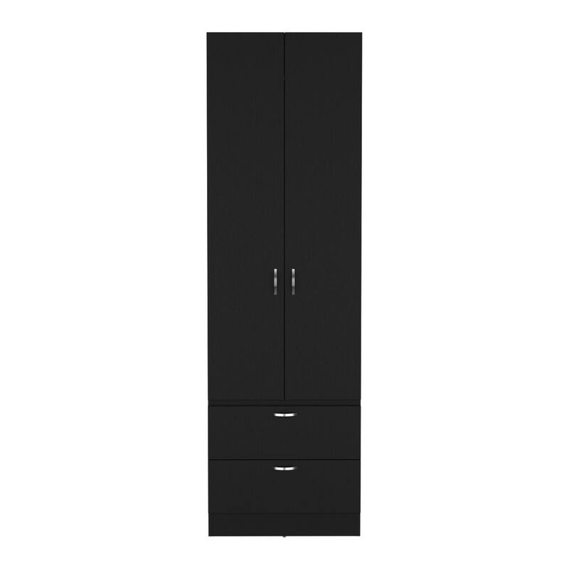 19.5" Modern Double-door Armoire with 2 Drawers, One Shelf and Hanging Rod