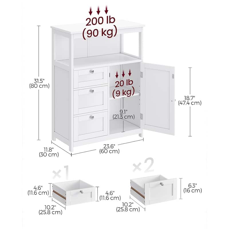 White Freestanding Bathroom Floor Storage Cabinet with Drawers and Adjustable Shelf - 11.8''D x 23.6''W x 31.5''H