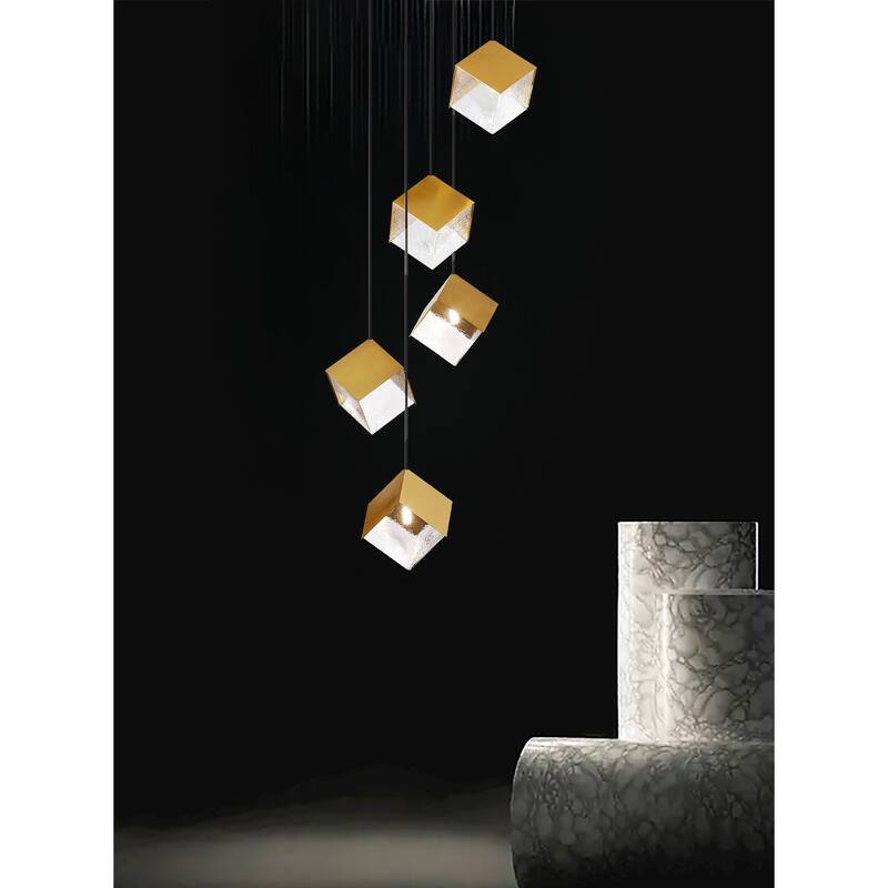 Ice Cube Pendant Lights Cluster Stairway Multi 5-Light Pyrite Chandelier - N/A - Champagne Gold