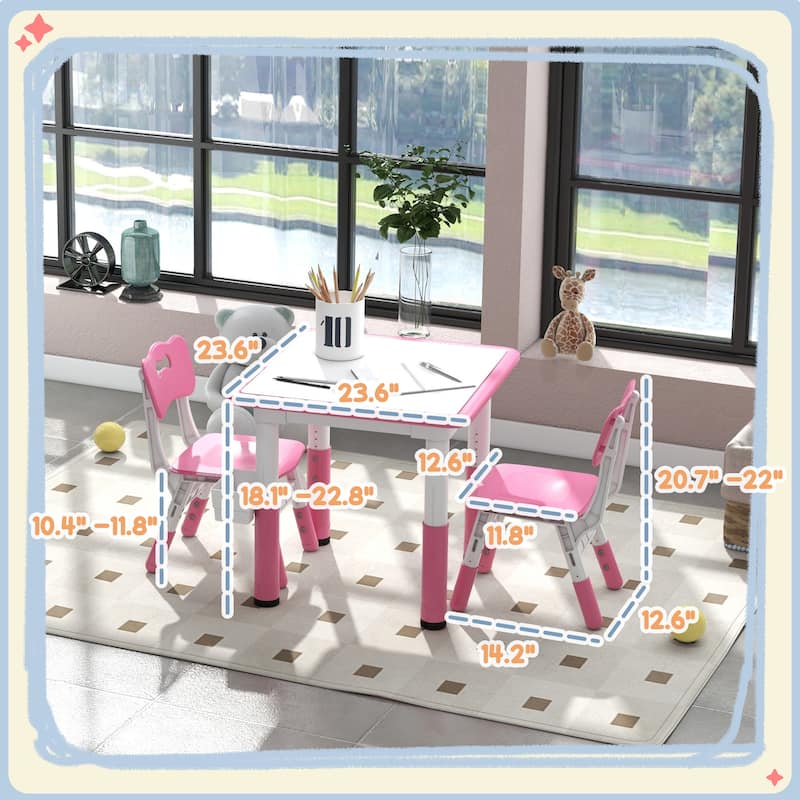 3 Piece Kids Table and Chairs, Height Adjustable Toddler Table and Chair Set with Storage, Easy to Wipe Activity Table
