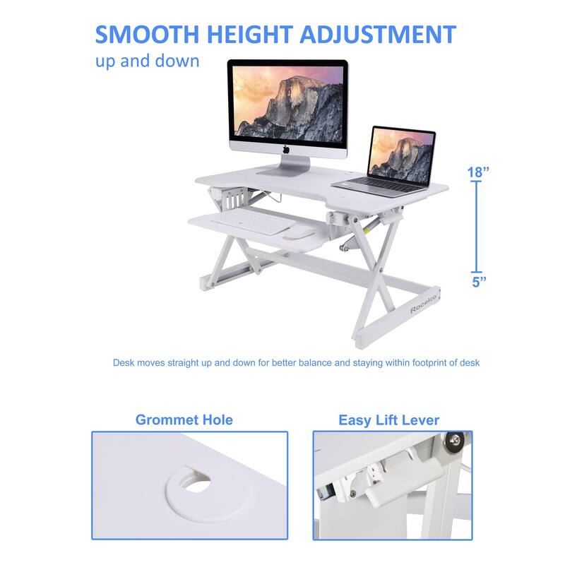 Rocelco 32 in. W White Height Adjustable Standing Desk Converter with Anti Fatigue Mat, Dual Monitor and Gas Spring Tray System