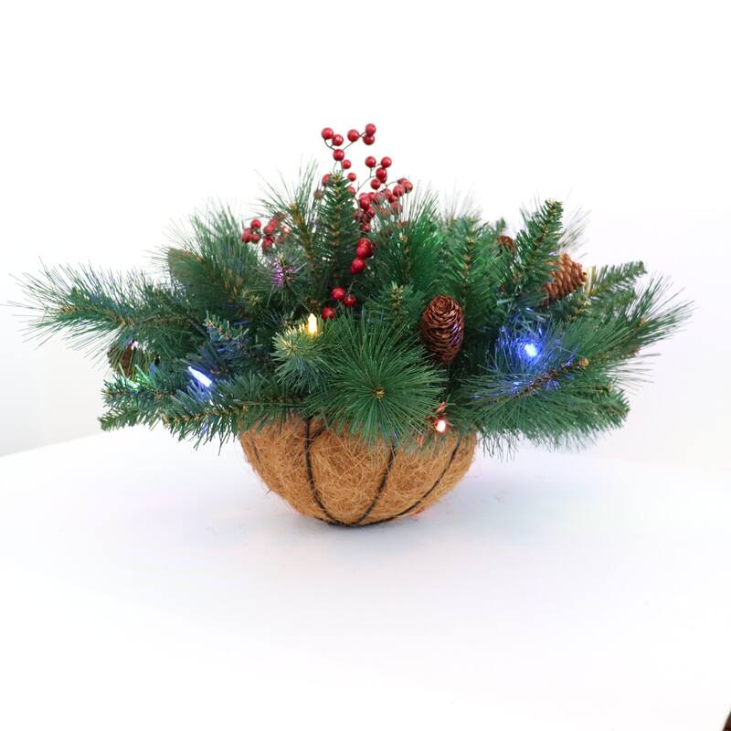 Traditional Woodland Berry 18" Dual Color LED Lighted Hanging Basket