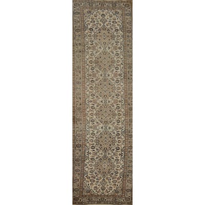Hand Knotted Oriental 100% Wool Carpet Traditional Floral Beige & Ivories Kashan Runner Rug - 12' 8'' X 3' 3''