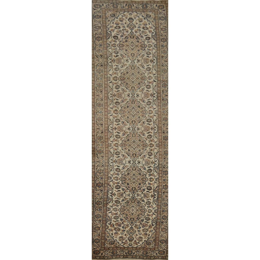 Hand Knotted Oriental 100% Wool Carpet Traditional Floral Beige & Ivories Kashan Runner Rug - 12' 8'' X 3' 3''