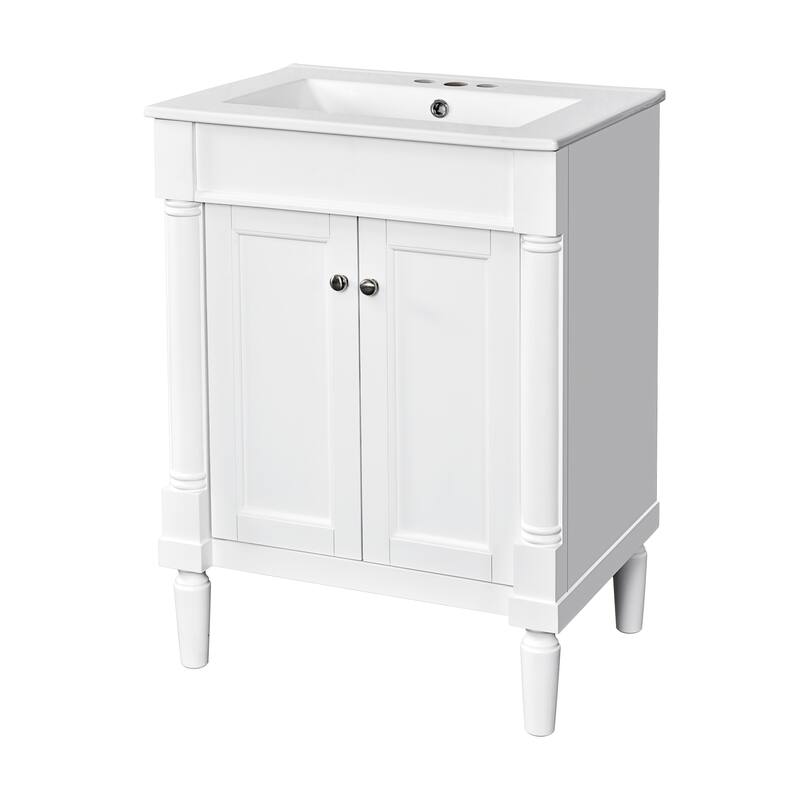 GDFStudio - Halston 2-Tier Modern Bathroom Storage Cabinet with Ceramic Sink and Large Storage Shelves - 24'W