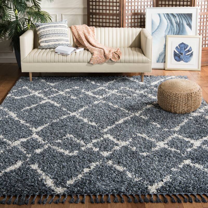 SAFAVIEH Pro Lux Shag Darcia Moroccan Tassel 2.4-inch Thick - 9' x 12' - Blue/Creme - Runner/Rectangle