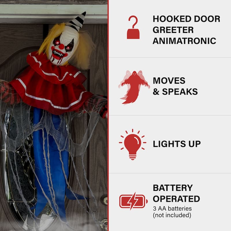 Haunted Hill Farm Wiggles the Animatronic Twisting, Talking Clown Greeter with Folding Door Hook for Scary Halloween Decoration