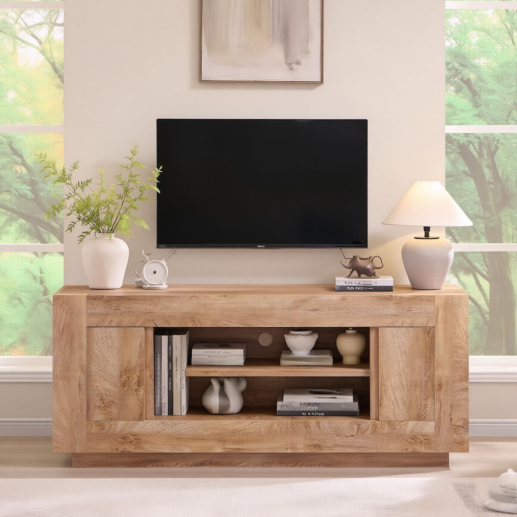 Modern TV Stand, Entertainment Center for TVs Up to 80", Thick Wood